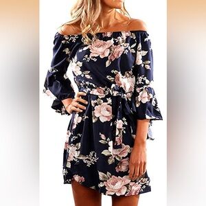 Navy Floral Off-Shoulder Dress